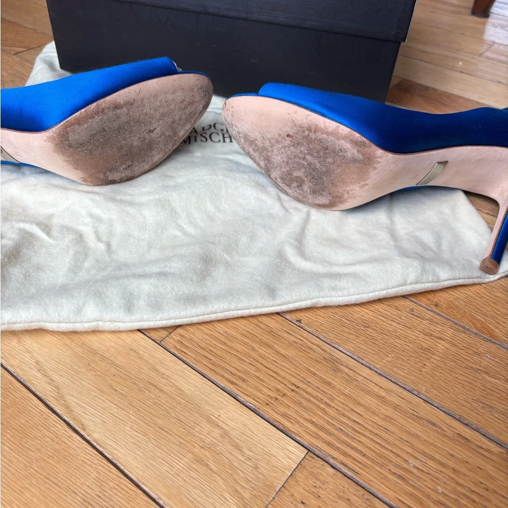 Badgley Mischka Embellished Royal Blue Satin Peep-Toe Pumps - Picture 4 of 4